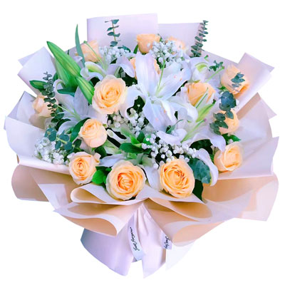 朝阳16朵香槟玫瑰2支百合，爱的温暖和幸福