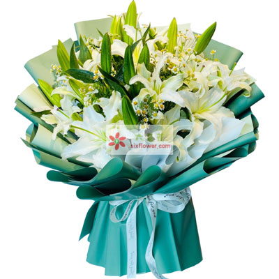 朝阳8支白色多头百合洋甘菊，如潮的思念