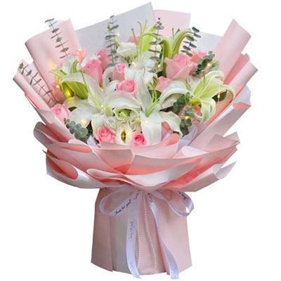 朝阳16朵粉玫瑰百合，感情稳定坚固